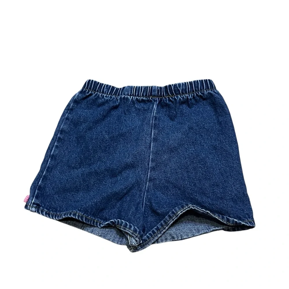 Vintage 90s Girls Pull On Blue Denim Shorts Pink Crotchet Flowers Size 5